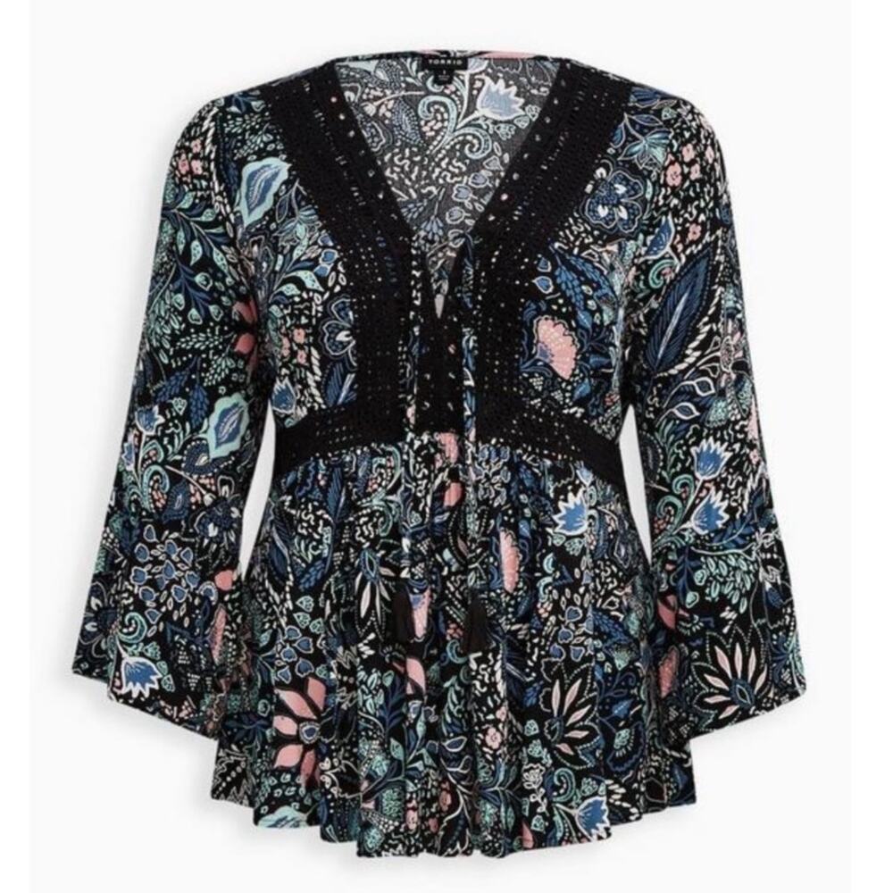 TORRID Floral Lace Up Boho Challis Babydoll Top Long Sleeve Size 2 18-20 2X